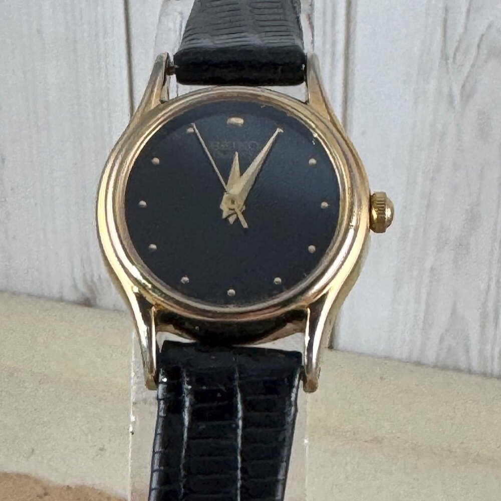 Gold and Black Enamel Dial Seiko Watch New Battery and Black Leather Strap